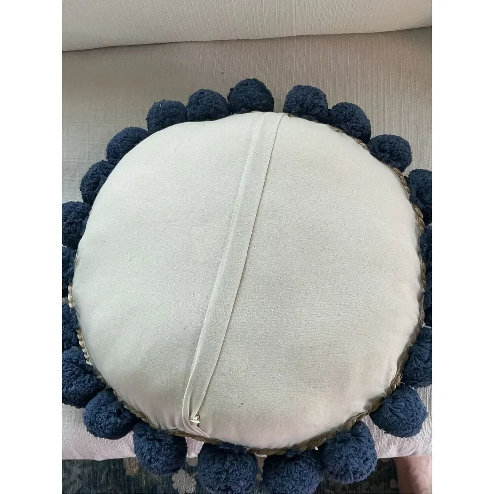 Pair of 24” Round Navy and Natural Jute Pom-Pom Throw Pillows Boho